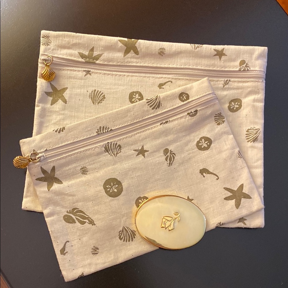 Starfish and Shell Print Pouch Set - Cream and Gold